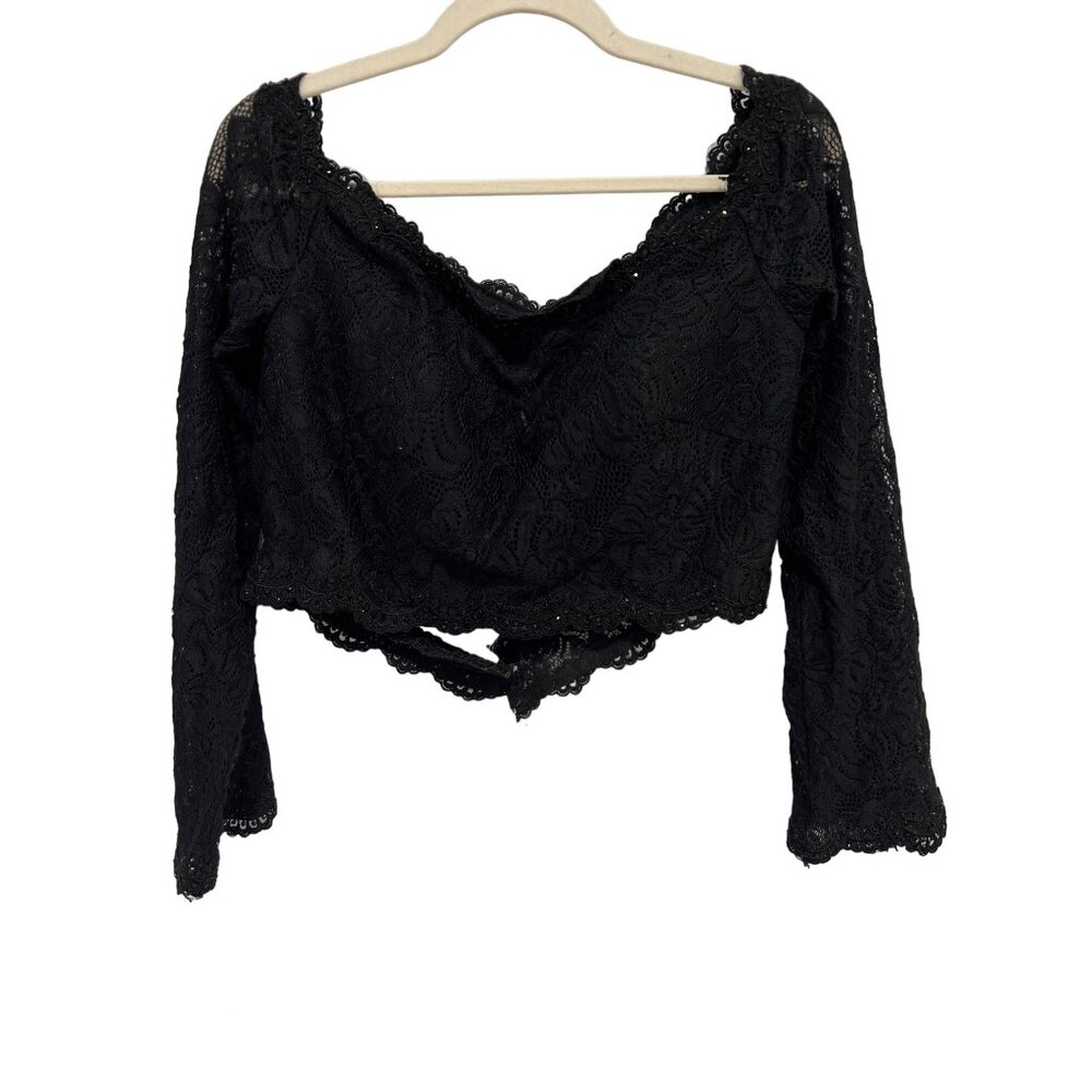 Vintage 90s Lace Crop Top Size 14 Open Back Black Grunge Whimsigoth Witchy Emo